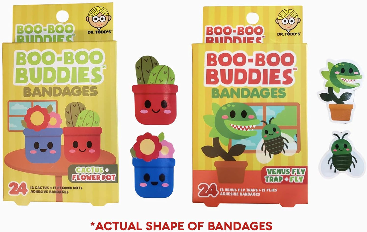 Boo Boo Buddies™ Cactus + Flower Pot & Venus Fly Trap + Fly Bandages Bundle | 48 Ct Fun Shapes for Kids | Waterproof, Latex-Free, Gentle on Sensitive Skin