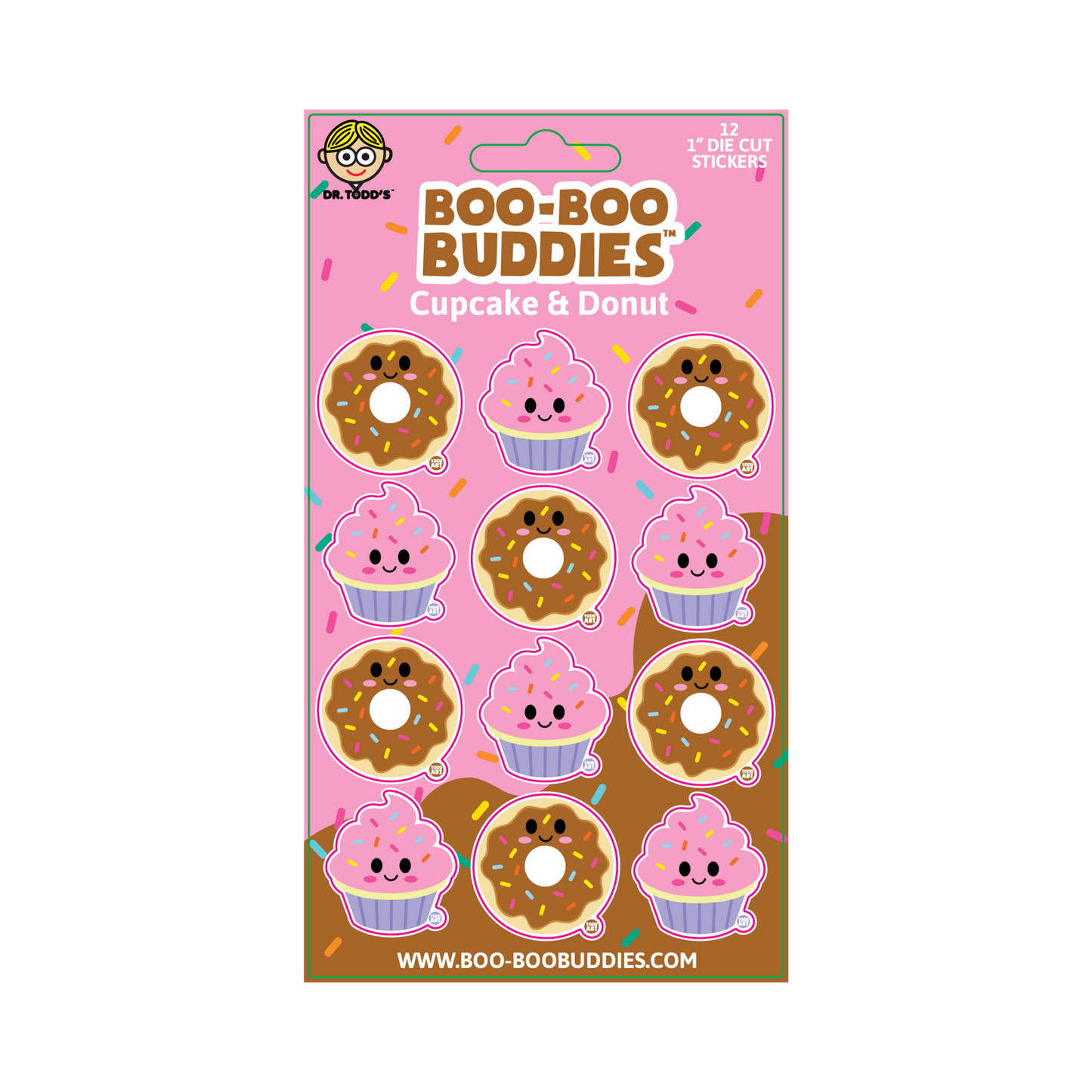 Boo-Boo Buddies® Cupcake & Donut Sticker Sheet with 12 collectible 1-inch dessert stickers—features adorable pink cupcakes and sprinkle-covered donuts, great for planners, party favors, classroom rewards, or decorating lunchboxes and laptops