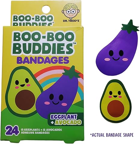 2-Pack Boo Boo Buddies™ Eggplant + Avocado & Pepper + Pickle Shape Bandages Bundle – 48 Ct | Waterproof, Latex-Free Fun First Aid for Kids & Adults