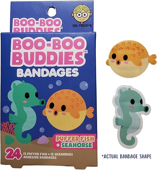 2-Pack Boo Boo Buddies Lobster & Crab, Puffer Fish & Seahorse Shape Bandages - 48 Ct Waterproof, Kids Bandages for Sensitive Skin | Fun Ocean Animal Bandages for First Aid Kits | Latex-Free Adhesive Bandage