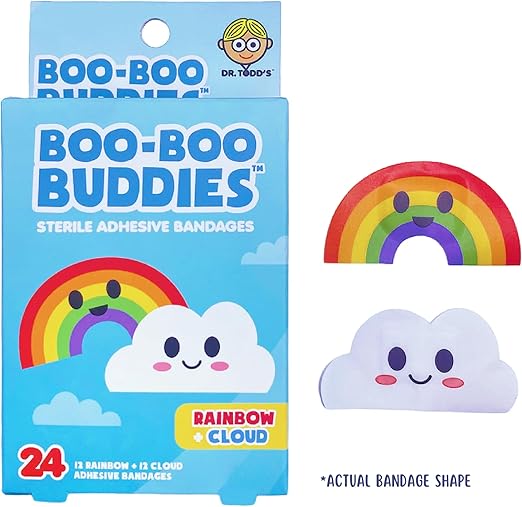 2-Pack Boo Boo Buddie Rainbow & Cloud + Sun & Moon Shape Bandages – 48 Ct | Fun Adhesive Bandages for Kids | Waterproof, Latex-Free, First Aid Supplies for Sensitive Skin, Colorful Bandages for Children
