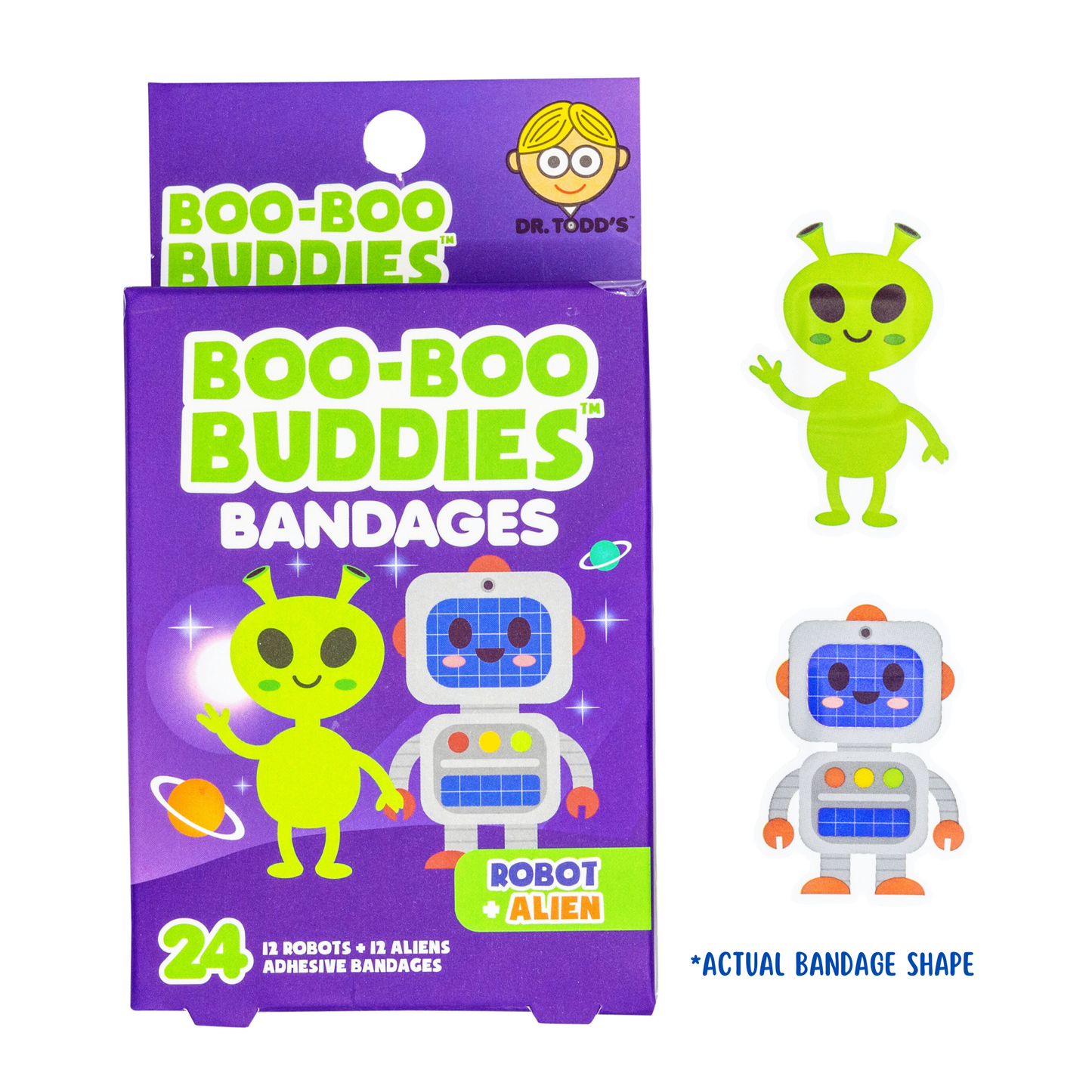 Dr. Todd’s Boo-Boo Buddies® Robot and Alien Bandages – 24 shaped latex-free adhesive bandages for kids