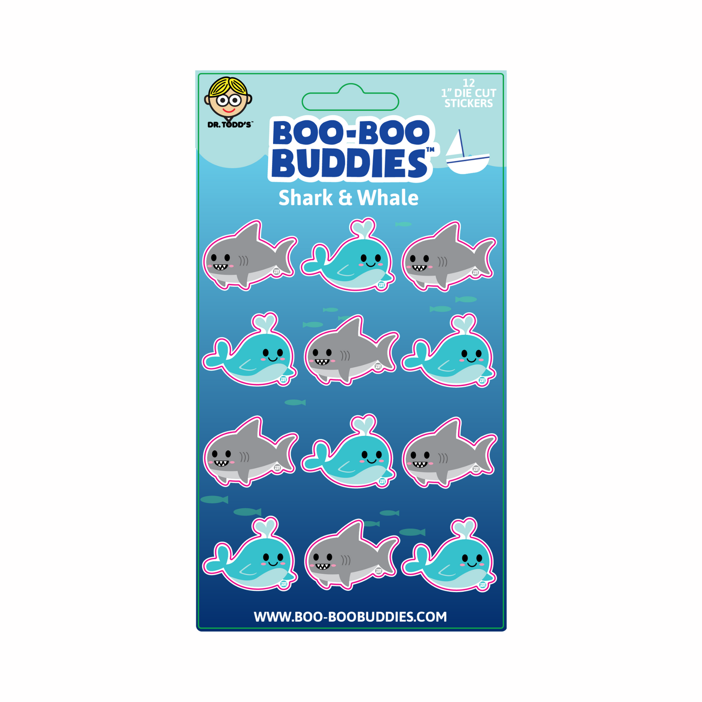 Collectible 1-inch ocean animal stickers of cute sharks and whales from Boo-Boo Buddies, perfect for kids’ crafts, planners, and sea-themed sticker books