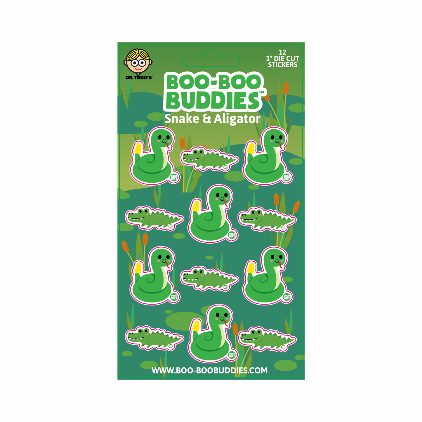 Set of 12 vinyl stickers featuring smiling snakes and alligators, perfect for kids’ crafts, water bottles, and sticker books.