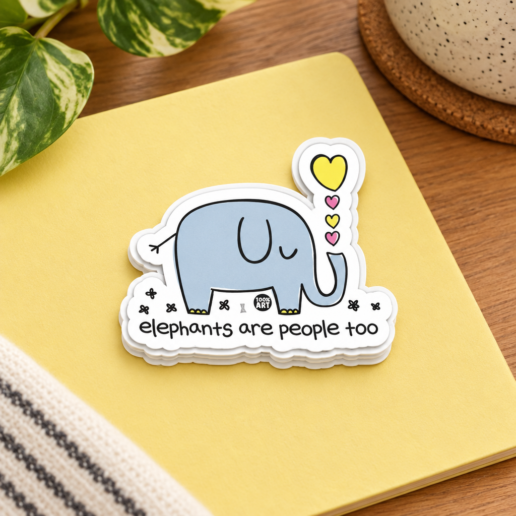 Small stack of identical Elephants Are People Too elephant stickers, with the top design visible.