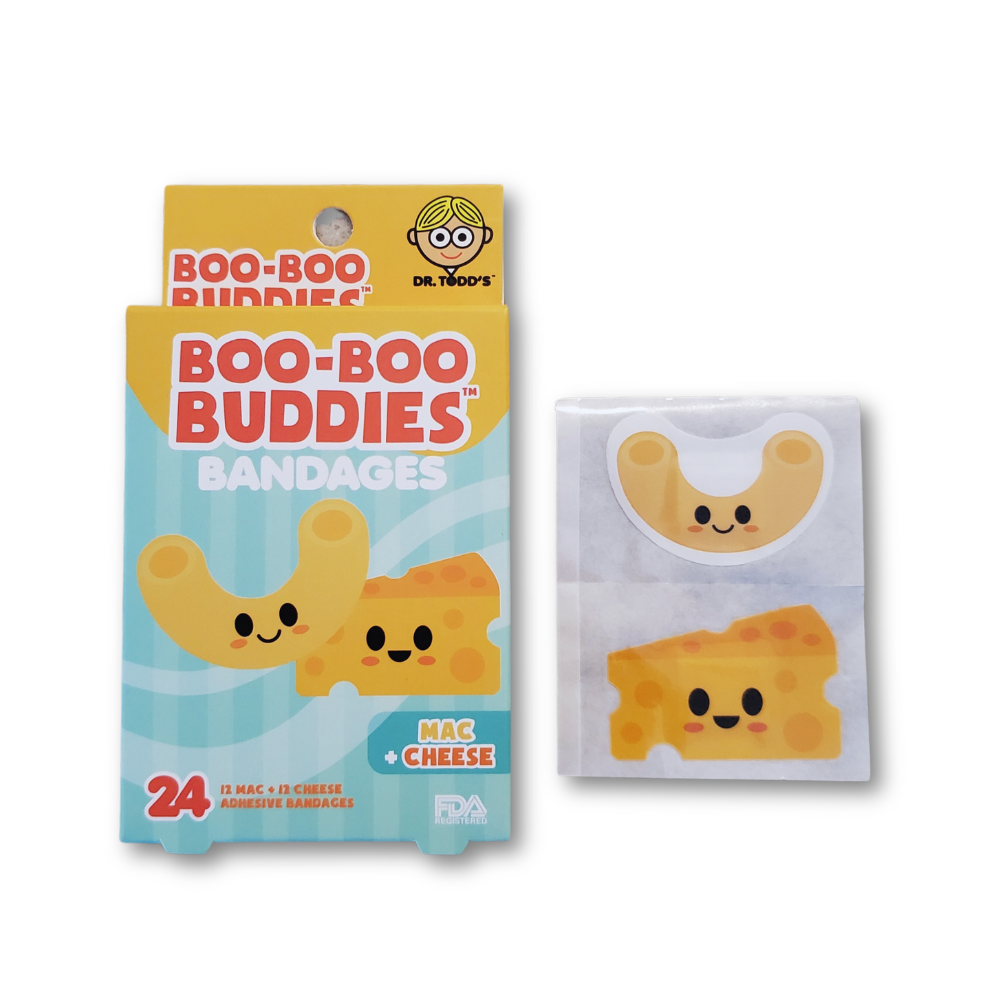 Mac & Cheese Bandages for Kids – Waterproof, Latex-Free, 24 Count | Dr. Todd’s Boo-Boo Buddies®