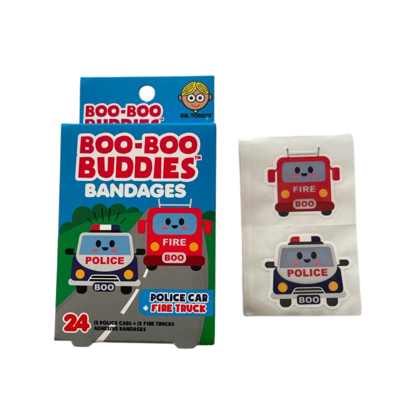 Police Car & Fire Truck Bandages for Kids – Waterproof, Latex-Free, 24 Count | Dr. Todd’s Boo-Boo Buddies®