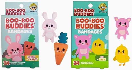 Packaging for Boo Boo Buddies Kids Bandages featuring adorable animal and vegetable shapes, including a bunny and a carrot, a pig and a chick. Each pack shows the bandages in a clear window, with the product name and a count of 24 bandages visible.