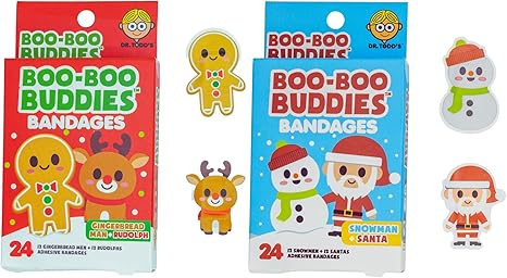 2-Pack Holiday-Themed Bandages for Kids – 24-Pack Santa & Snowman and 24-Pack Gingerbread Man & Rudolf | Waterproof, Latex-Free, Fun Shapes for Sensitive Skin