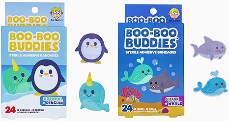 2-Pack Boo Boo Buddies™ Shark + Whale and Narwhal + Penguin Bandages – 48 Ct | Fun, Waterproof, Latex-Free Bandages for Kids | First Aid Adhesive Bandages for Sensitive Skin | Cute Marine Animal Shapes
