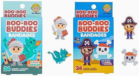 2-Pack Boo Boo Buddies™ Knight & Dragon Bandages + Pirate & Skull Bandages - 48 Ct Each | Fun Shaped Kids Bandages | Latex-Free, Waterproof, Gentle on Skin | Perfect for First Aid Kits & Party Favors