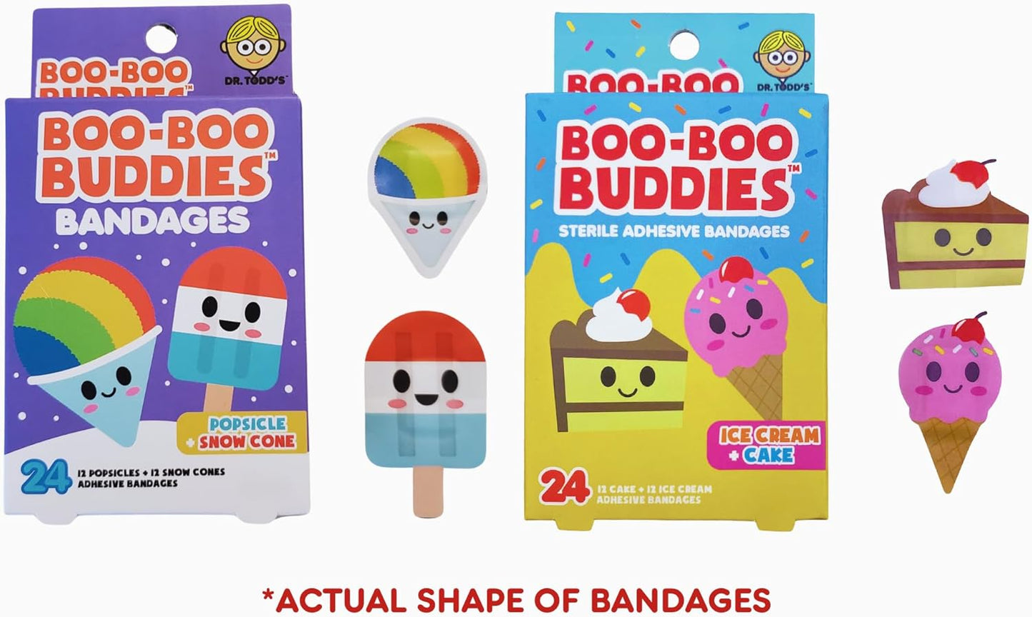 Boo Boo Buddies™ Bandages 48 Ct | Fun Ice Cream & Snowcone + Ice Cream & Cake Shapes | Waterproof, Latex-Free, First Aid for Kids & Sensitive Skin