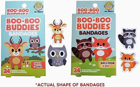 Deer + Owl and Raccoon + Fox Bandages – 24 Ct Each | Fun Shapes for Kids' First Aid Kits