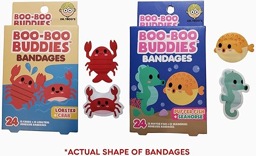 2-Pack Boo Boo Buddies Lobster & Crab, Puffer Fish & Seahorse Shape Bandages - 48 Ct Waterproof, Kids Bandages for Sensitive Skin | Fun Ocean Animal Bandages for First Aid Kits | Latex-Free Adhesive Bandage