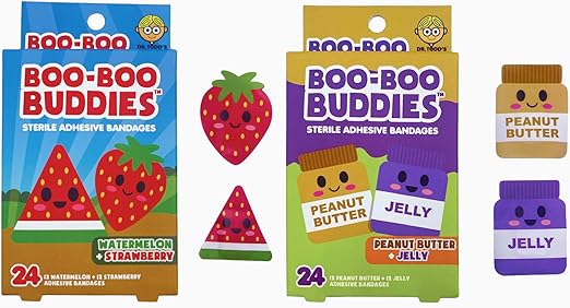 2-Pack Boo Boo Buddies Kids Bandages – Watermelon + Strawberry, Peanut Butter + Jelly Shapes | 24 Count Each | Waterproof, Latex-Free Adhesive Bandages for Sensitive Skin, First Aid Kit, Party Favors, Stock