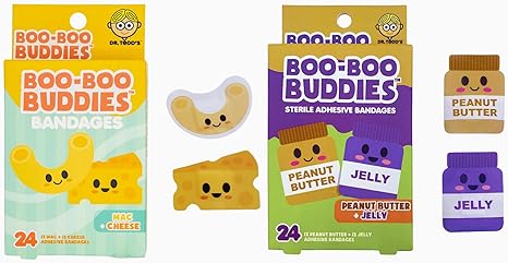 2-Pack Boo Boo Buddies™ Mac + Cheese and Peanut Butter + Jelly Bandages – 48Ct | Fun Food-Shaped Adhesive Bandages for Kids & Adults | Latex-Free, Waterproof, and Hypoallergenic First Aid Bandages for Sensi