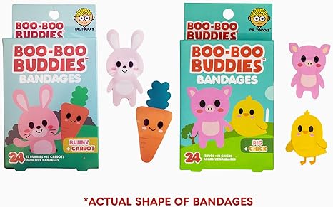 2-Pack Boo Boo Buddies Kids Bandages – Bunny & Carrot, Pig & Chick Shapes, 48 Ct | Latex-Free, Waterproof Bandages for Sensitive Skin | Fun First Aid for Children | Individually Wrapped