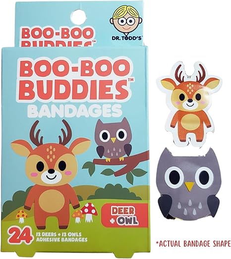 Deer + Owl and Raccoon + Fox Bandages – 24 Ct Each | Fun Shapes for Kids' First Aid Kits