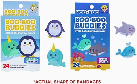 Boo Boo Buddies™ Shark + Whale and Narwhal + Penguin Bandages – 48 Ct | Fun, Waterproof, Latex-Free Bandages for Kids | First Aid Adhesive Bandages for Sensitive Skin | Cute Marine Animal Shapes