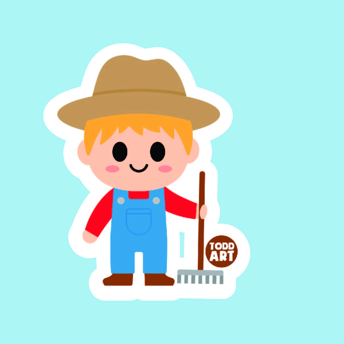 A FARME  WITH BROWN HAT, RED LONG SLEEVE SHIRT AND BLUE OVERALL HOLDING A RAKE 