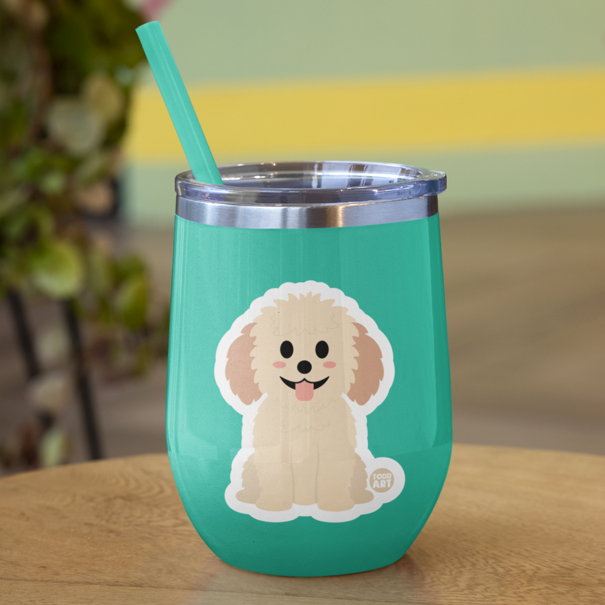 Teal tumbler with Boo-Boo Buddies® collectible vinyl sticker featuring an adorable Golden Doodle dog – perfect for customizing laptops, water bottles, school supplies, and gifts for dog lovers
