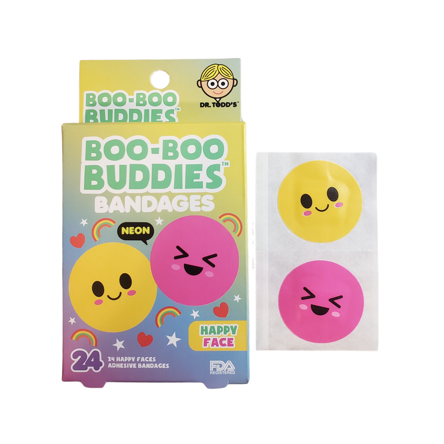 Happy Face Bandages for Kids – Waterproof, Latex-Free, 24 Count | Dr. Todd’s Boo-Boo Buddies®