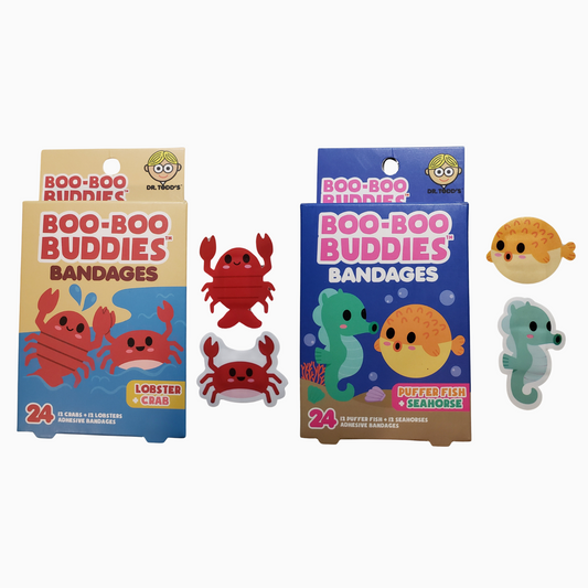 2-Pack Boo Boo Buddies Lobster & Crab, Puffer Fish & Seahorse Shape Bandages - 48 Ct Waterproof, Kids Bandages for Sensitive Skin | Fun Ocean Animal Bandages for First Aid Kits | Latex-Free Adhesive Bandage