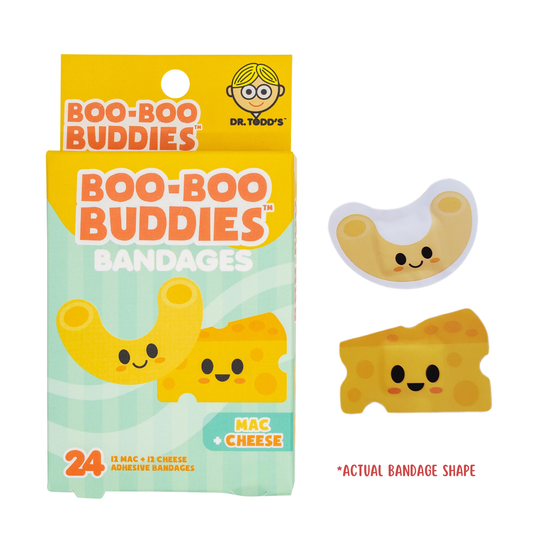 Mac & Cheese Bandages for Kids – Waterproof, Latex-Free, 24 Count | Dr. Todd’s Boo-Boo Buddies®