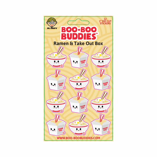A packaged sheet of vinyl stickers with characters from Boo Boo Buddies, depicting animated ramen bowls and takeout boxes.