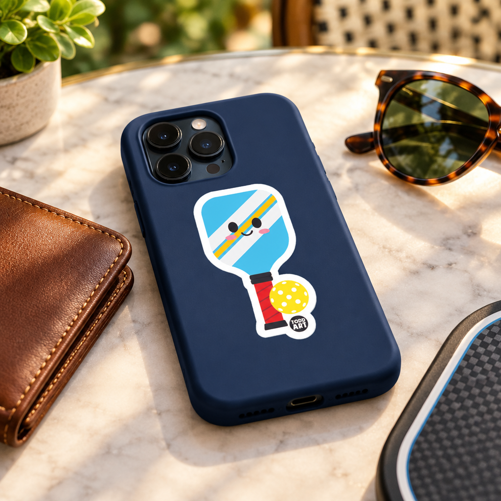Adult lifestyle image with pickleball sticker on an iPhone case