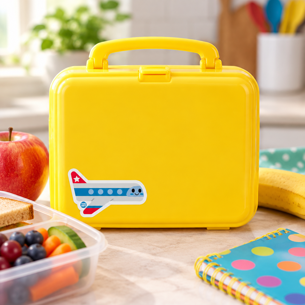 Airplane sticker on a hard lunchbox
