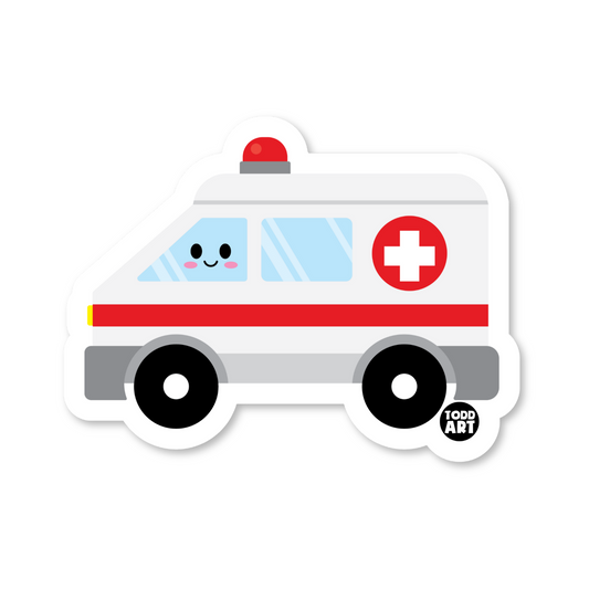 Cute kawaii ambulance vinyl sticker — glossy 3″ die‑cut with smiling front and flashing lights, perfect for vehicle lovers