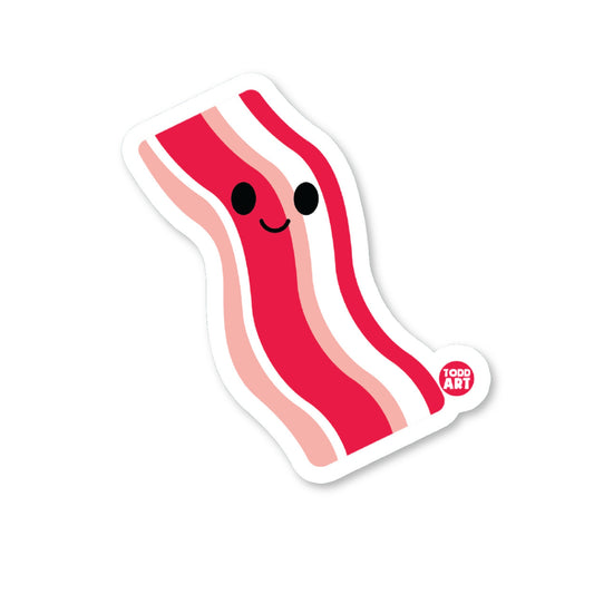 A die-cut vinyl sticker of a smiling piece of bacon with a white background.