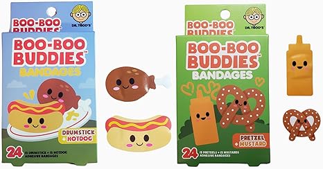 2-Pack Boo Boo Buddies™ Drumstick + Hot Dog and Pretzel + Mustard Bandages | 48 Ct  | Food-Themed Adhesive Bandages for Kids | Waterproof, Latex-Free, Sensitive Skin Safe | Fun First Aid for Cuts & Scrap