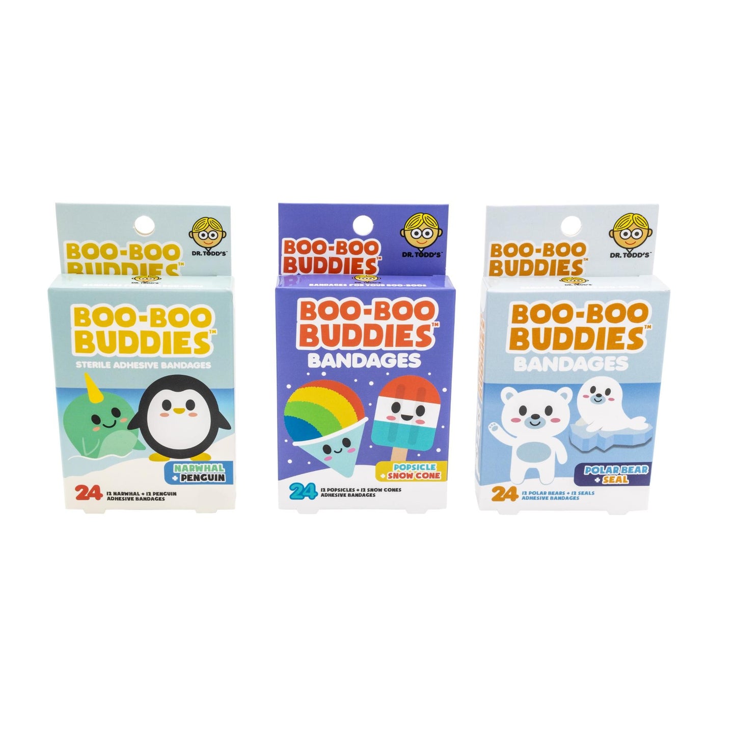 Boo-Boo Buddies kids bandages 3-pack showing Penguin & Narwhal, Popsicle & Snowcone, and Polar Bear & Seal boxes
