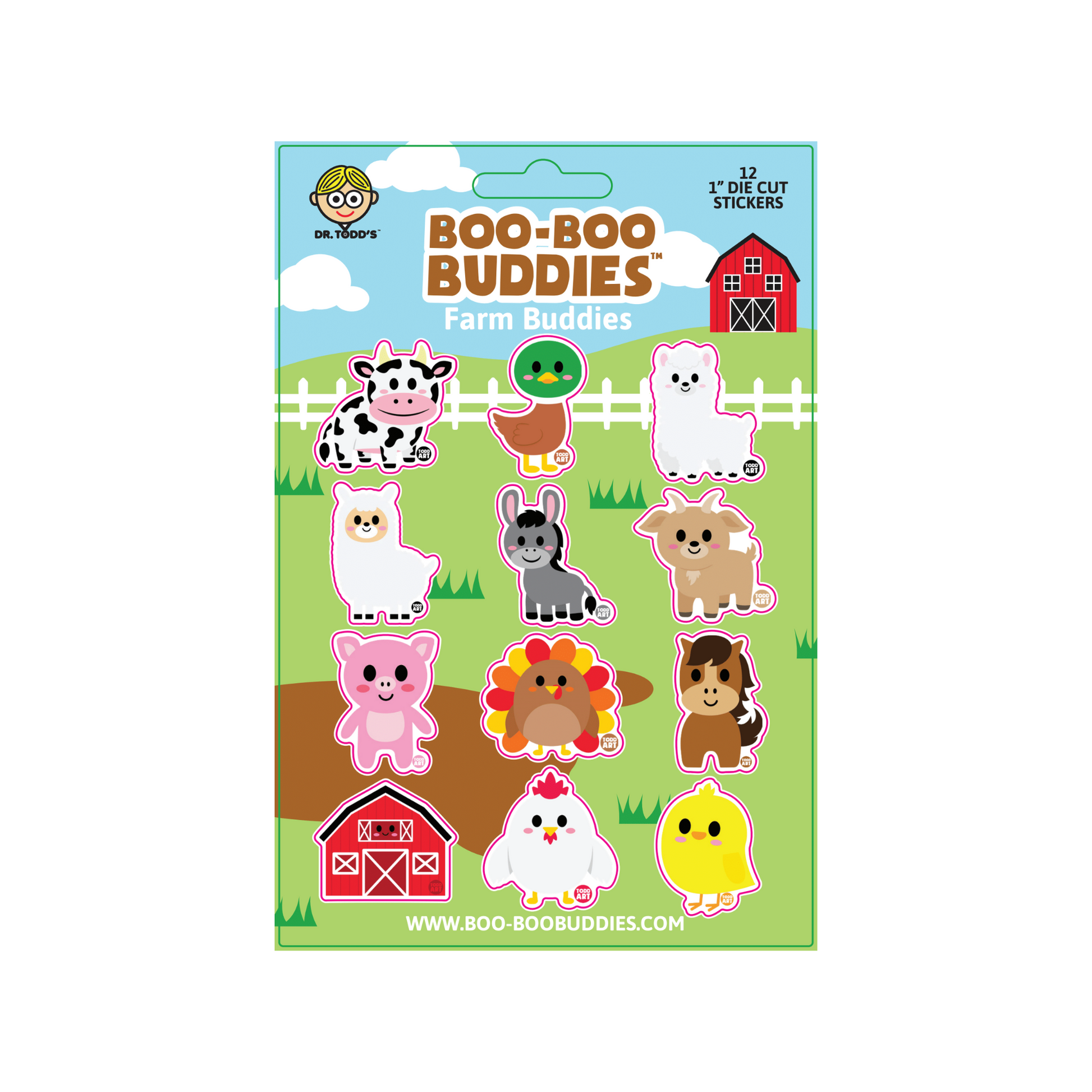 Boo-Boo Buddies® Farm Buddies Sticker Sheet featuring 12 cute 1-inch barnyard animal stickers—includes pig, cow, duck, chicken, llama, horse, goat, and more for classroom rewards, crafts, and playtime fun
