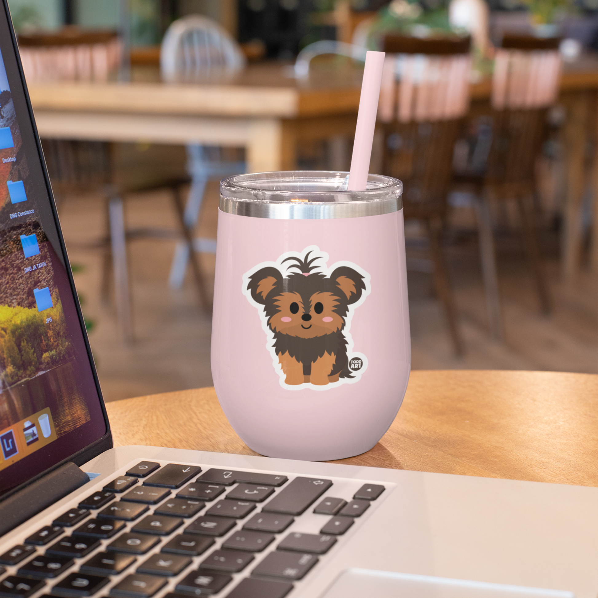 Pink tumbler with Boo-Boo Buddies® collectible vinyl sticker featuring an adorable Yorkshire Terrier – great for dog lovers, laptops, tumblers, water bottles, and crafts
