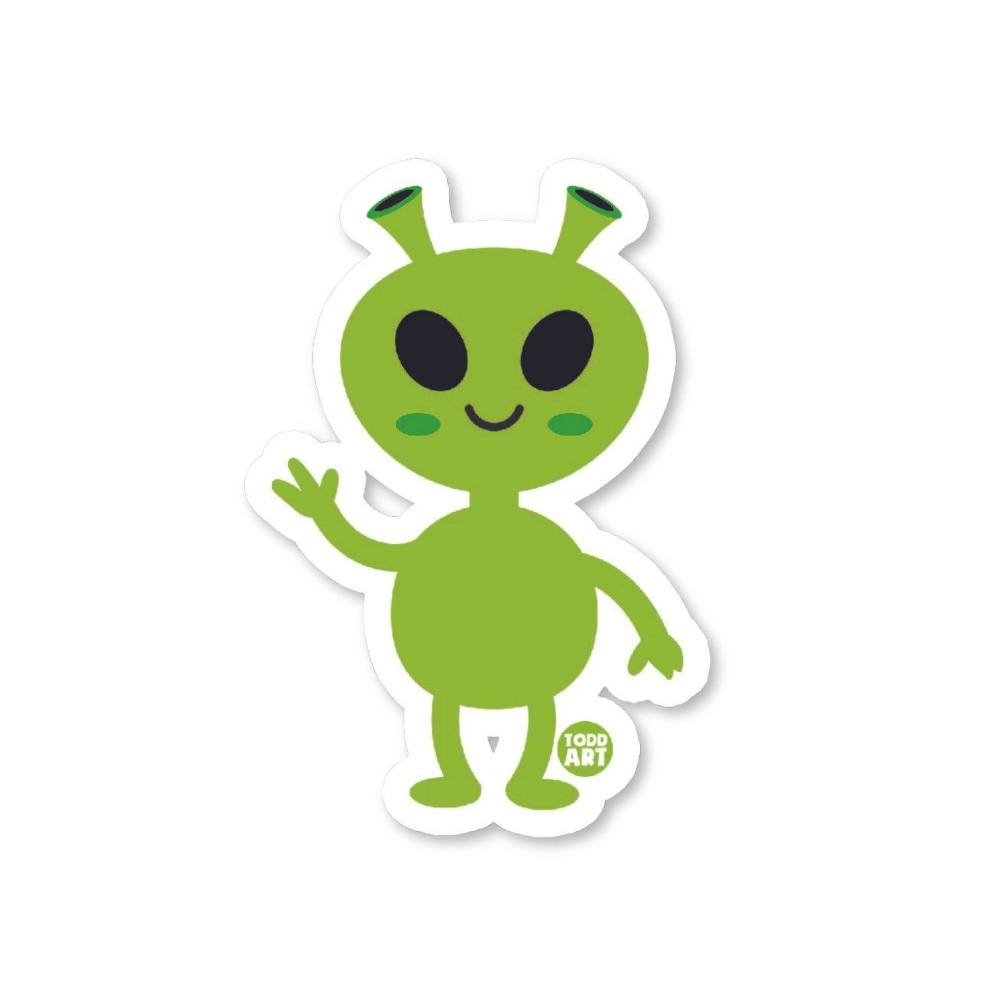 A die-cut vinyl sticker of a cute green alien with a friendly expression, standing upright.