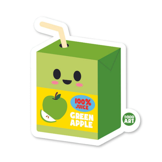 Cute kawaii-style apple juice box sticker with a smiling face and straw, great for kids’ water bottles, lunchboxes, and journals