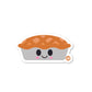 A die-cut vinyl sticker of an apple pie with a smiling face and a brown lattice top.