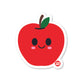 A vinyl sticker of a smiling red apple with a green stem and blushing cheeks.