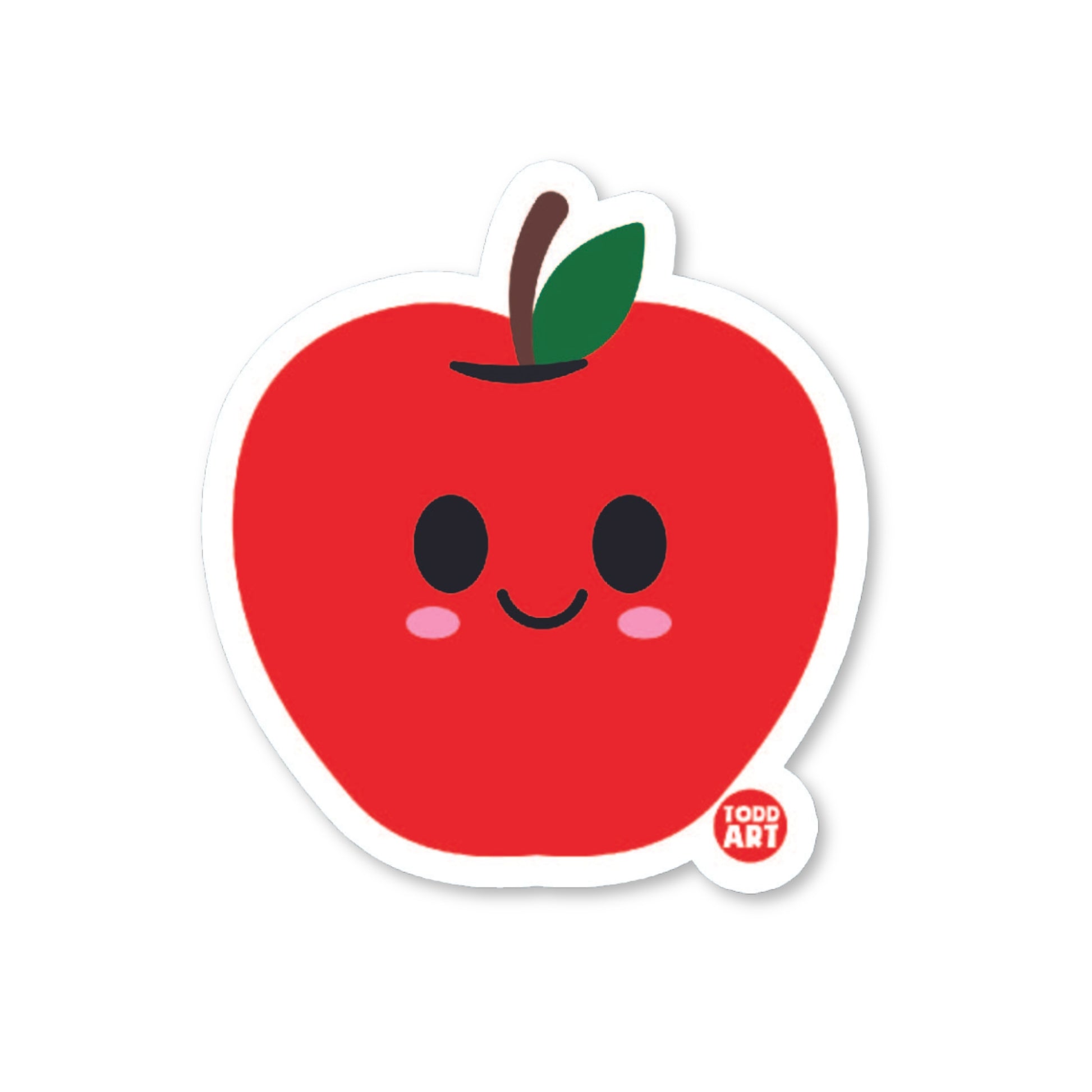A vinyl sticker of a smiling red apple with a green stem and blushing cheeks.