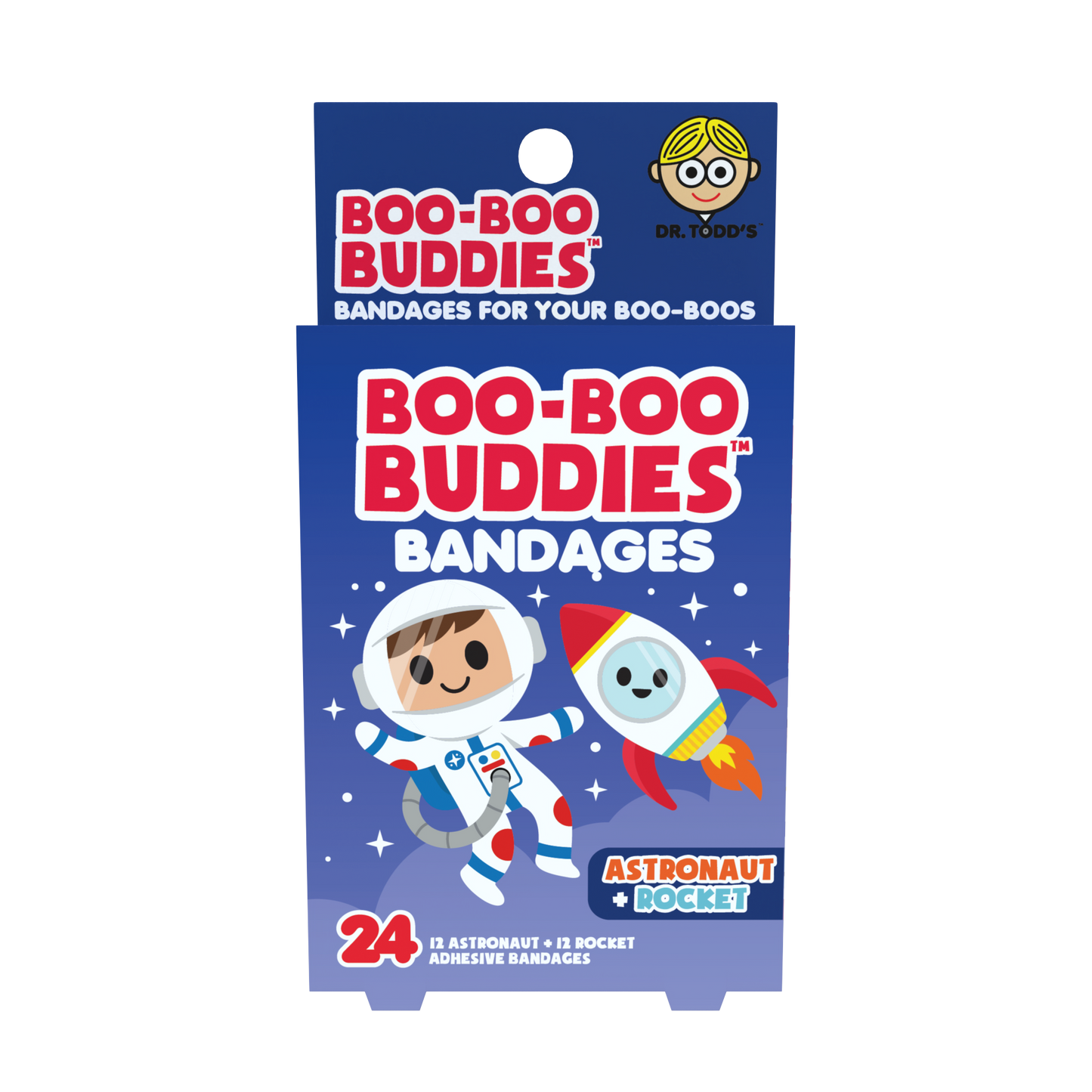 Boo-Boo Buddies bandages packaging with astronaut and rocket design on a blue background