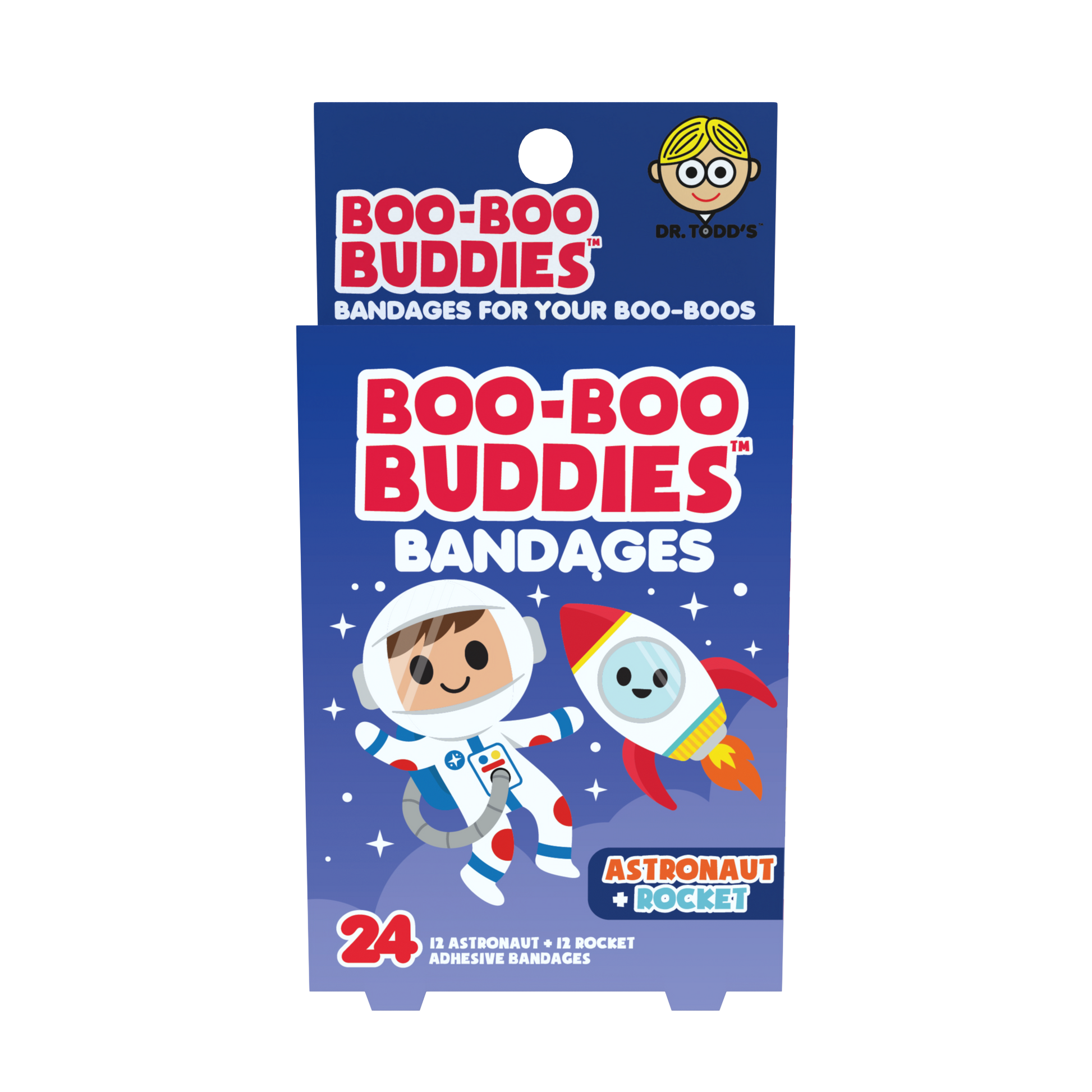 Boo-Boo Buddies bandages packaging with astronaut and rocket design on a blue background