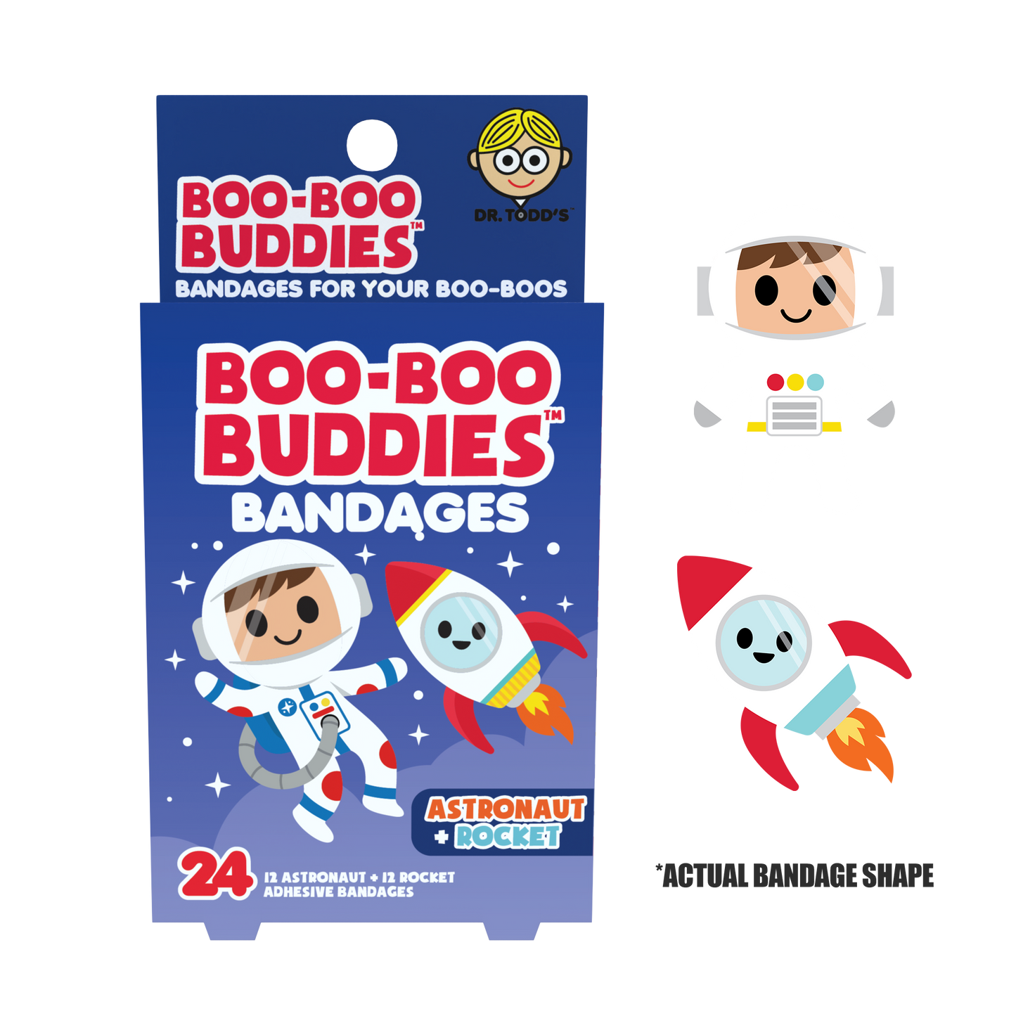 Astronaut & Rocket Bandages for Kids – Waterproof, Latex-Free, 24 Count | Dr. Todd’s Boo-Boo Buddies®