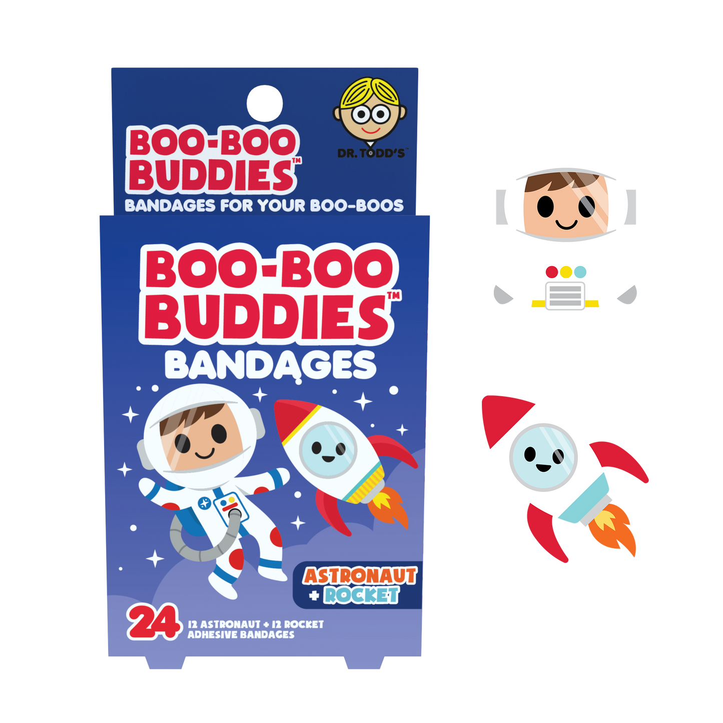 Astronaut & Rocket Bandages for Kids – Waterproof, Latex-Free, 24 Count | Dr. Todd’s Boo-Boo Buddies®