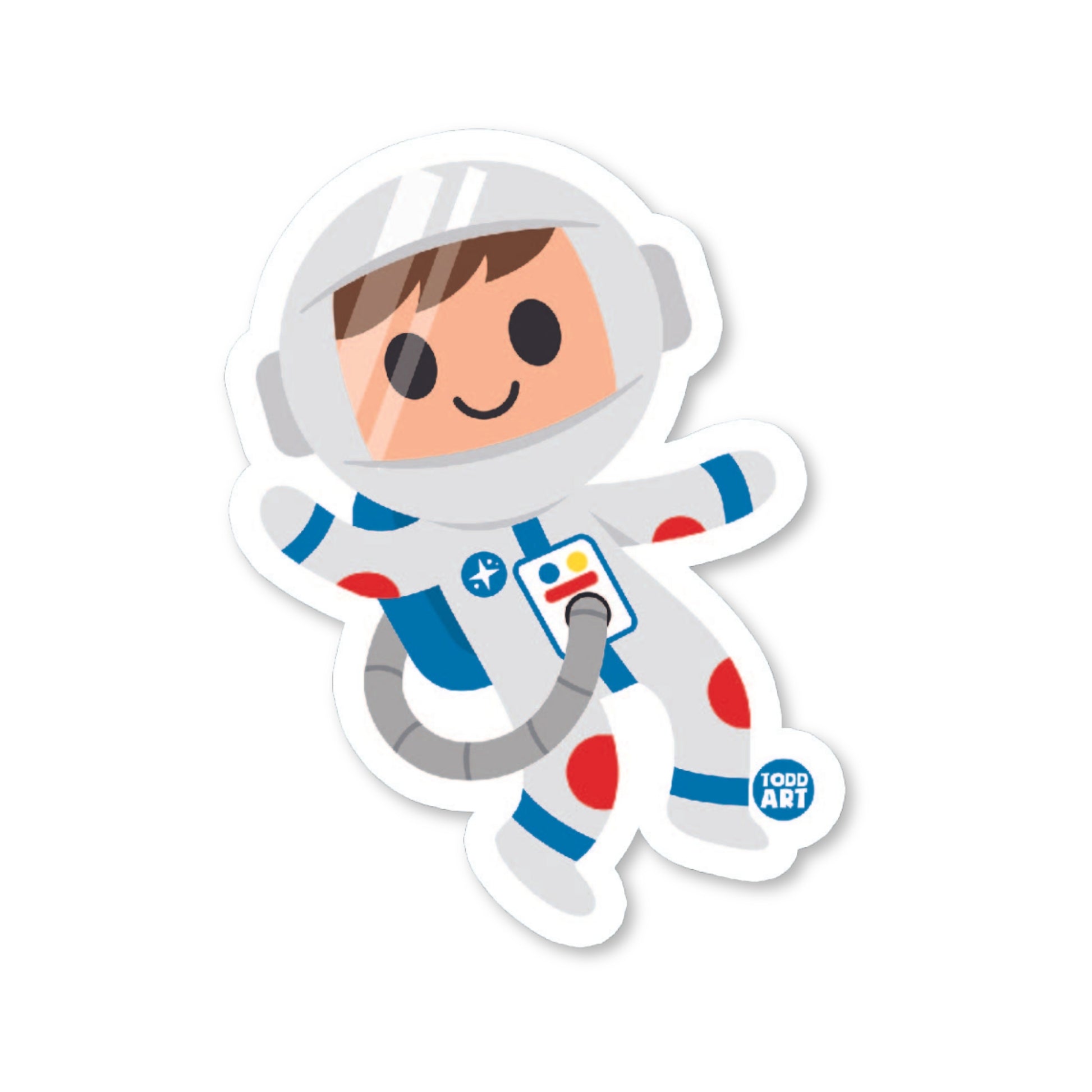 A die-cut vinyl sticker of a cartoon-style astronaut with a white helmet and blue suit, smiling and holding a device.