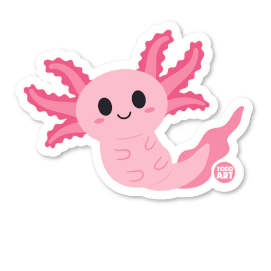 A pink vinyl sticker depicting a cartoon axolotl character with a glossy finish.
