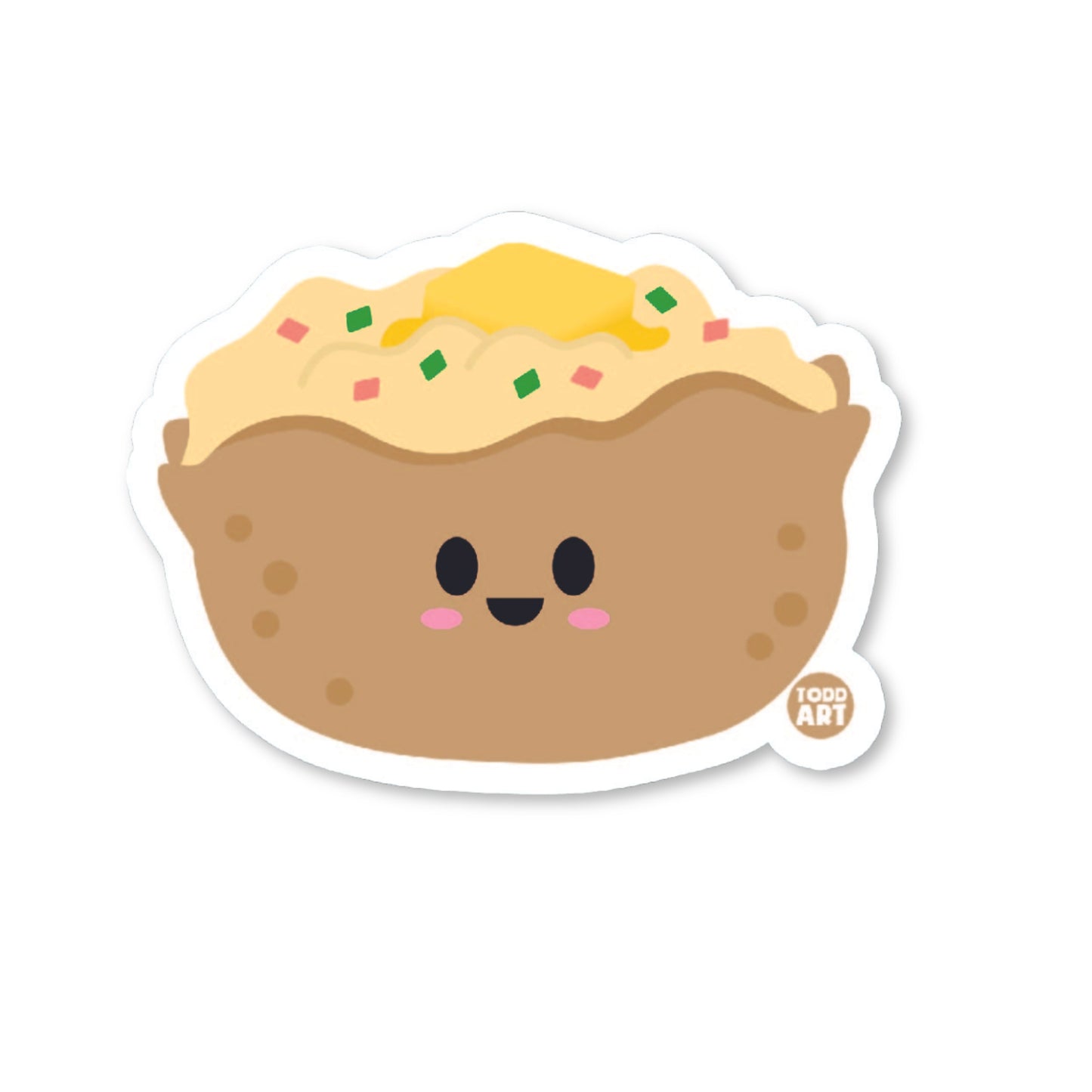 A die-cut vinyl sticker of a smiling baked potato with toppings, designed for use on various surfaces like laptops and water bottles.