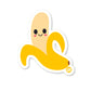 A die-cut vinyl sticker of a smiling banana, with a glossy finish.